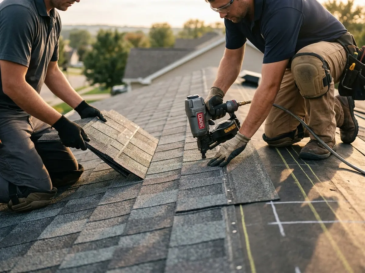 Professional roofer working on a residential roof in Venersborg